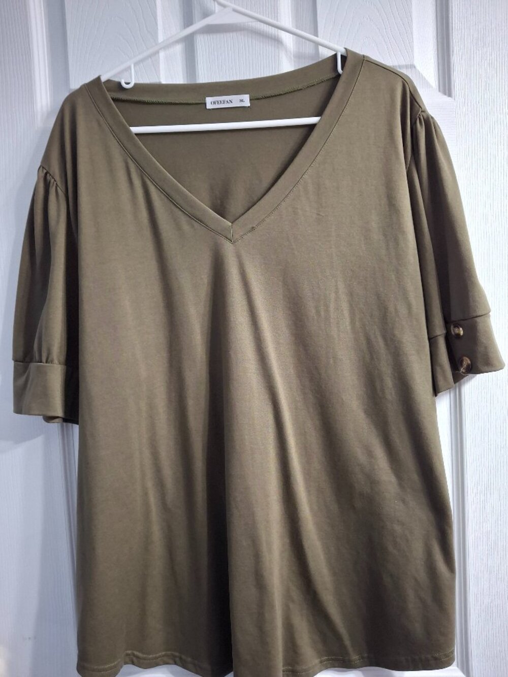 Plus Size V-neck, Short sleeve Olive Green, Decorative Buttons on sleeves